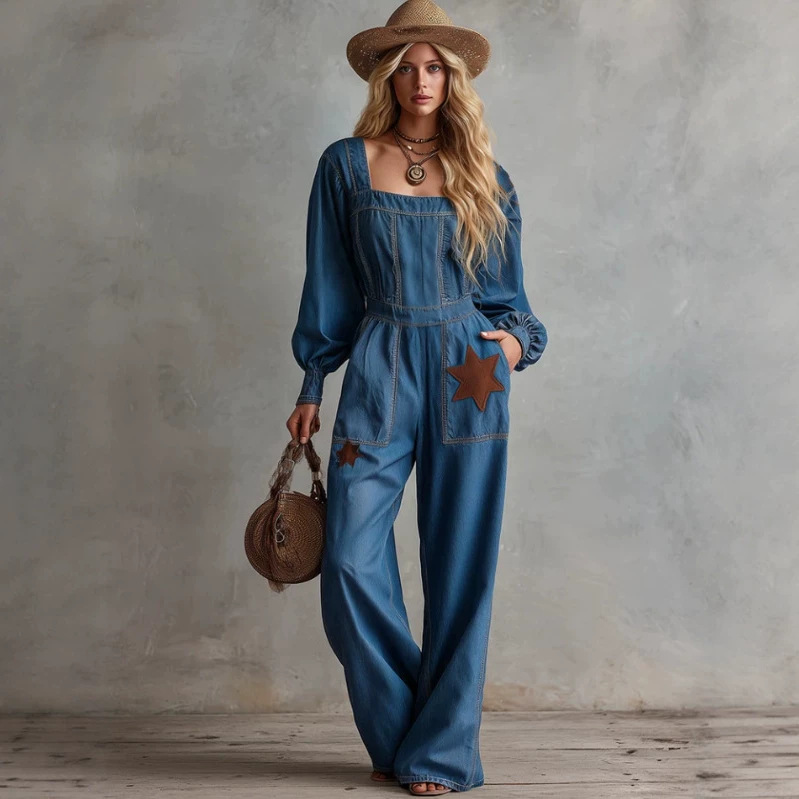 Western Retro Square Neck Star Patch Denim Jumpsuit