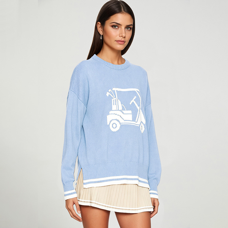 Women's Solid Crewneck Loose Long Sleeve Jacquard Knit Pullover Sweater