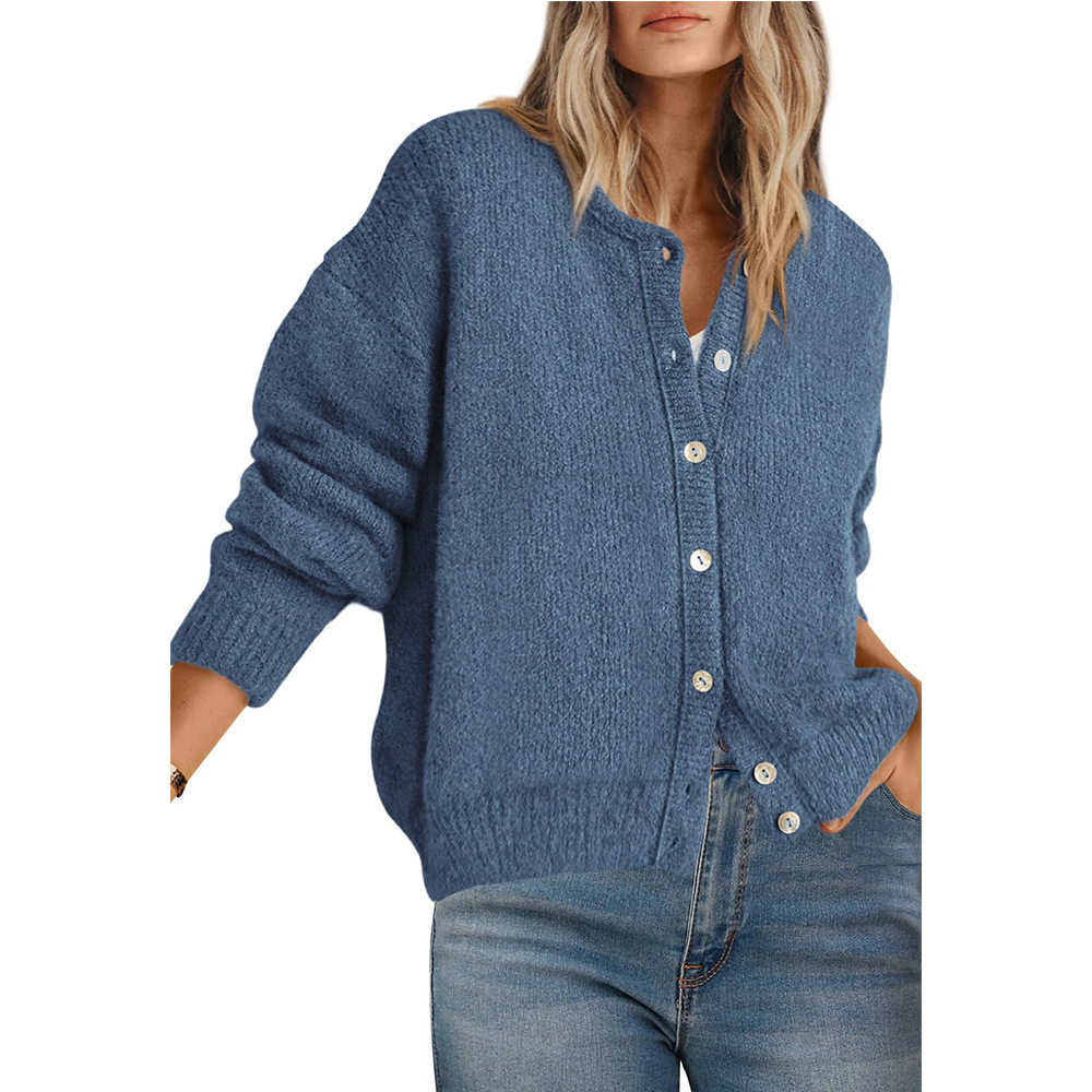Women's Loose Crewneck Button-Front Knit Cardigan Solid Long-Sleeve Sweater Coat