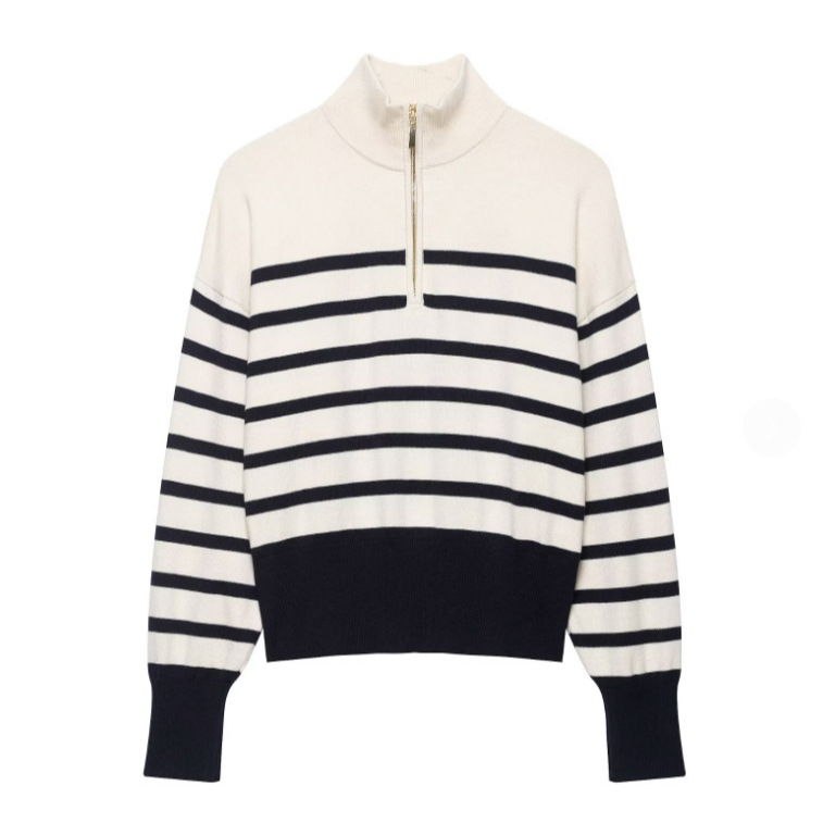 Women's Striped Color-Block Stand Collar Knit Pullover