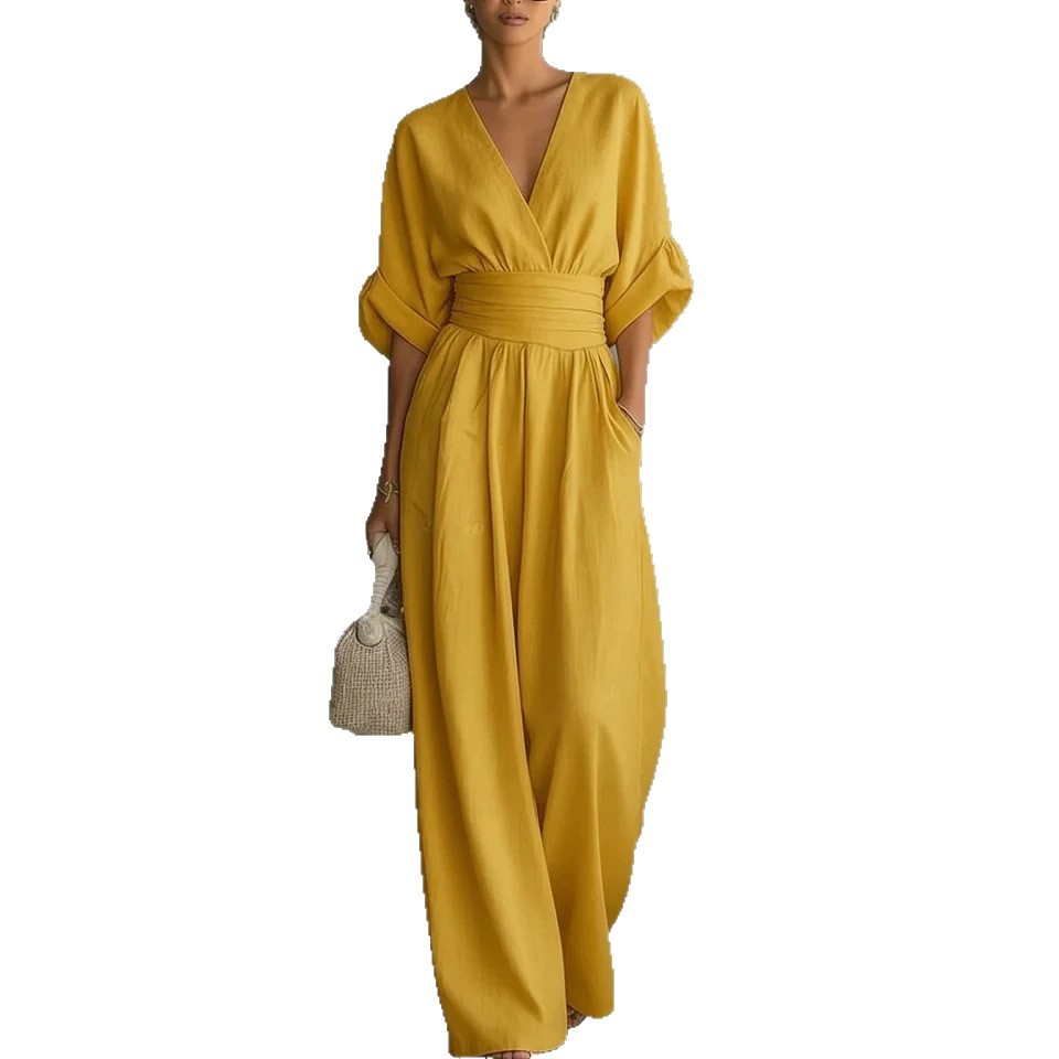 Elegant V-Neck Waist-Cinching Jumpsuit