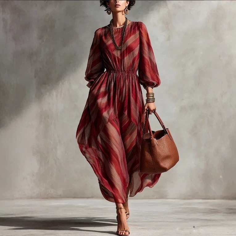 Twill Print Lantern Sleeve Maxi Dress Waist-Cinched Women's Vacation Dress