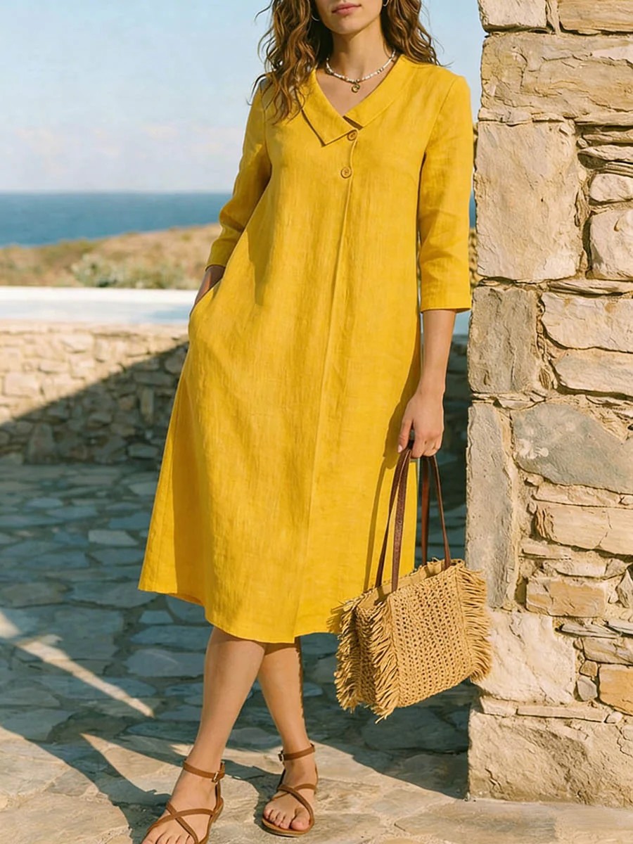 Women's Solid Color French Collar Midi Dress