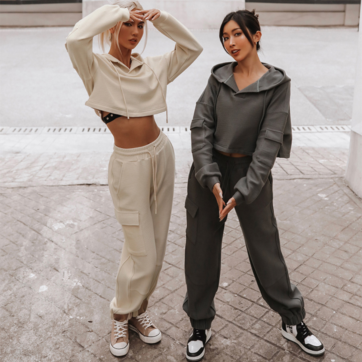 Women's Long Sleeve Hooded Pocket Casual Two-Piece Sweatsuit Set