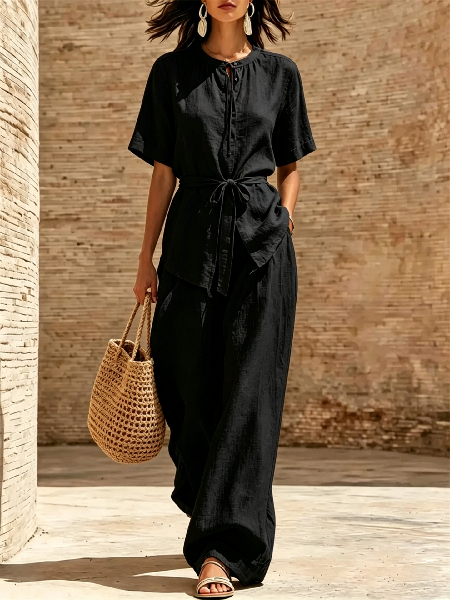 Linen-Blend Solid Tie-Front Short-Sleeve Wide-Leg Pants Set