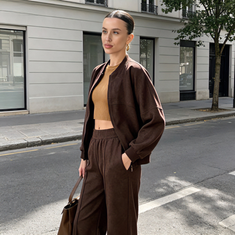 Women's Faux Suede Zip Cardigan & Elastic Waist Pants Set