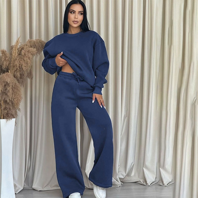 Women's Solid Crewneck Long Sleeve Wide-Leg Pants Set Casual Loose Fit