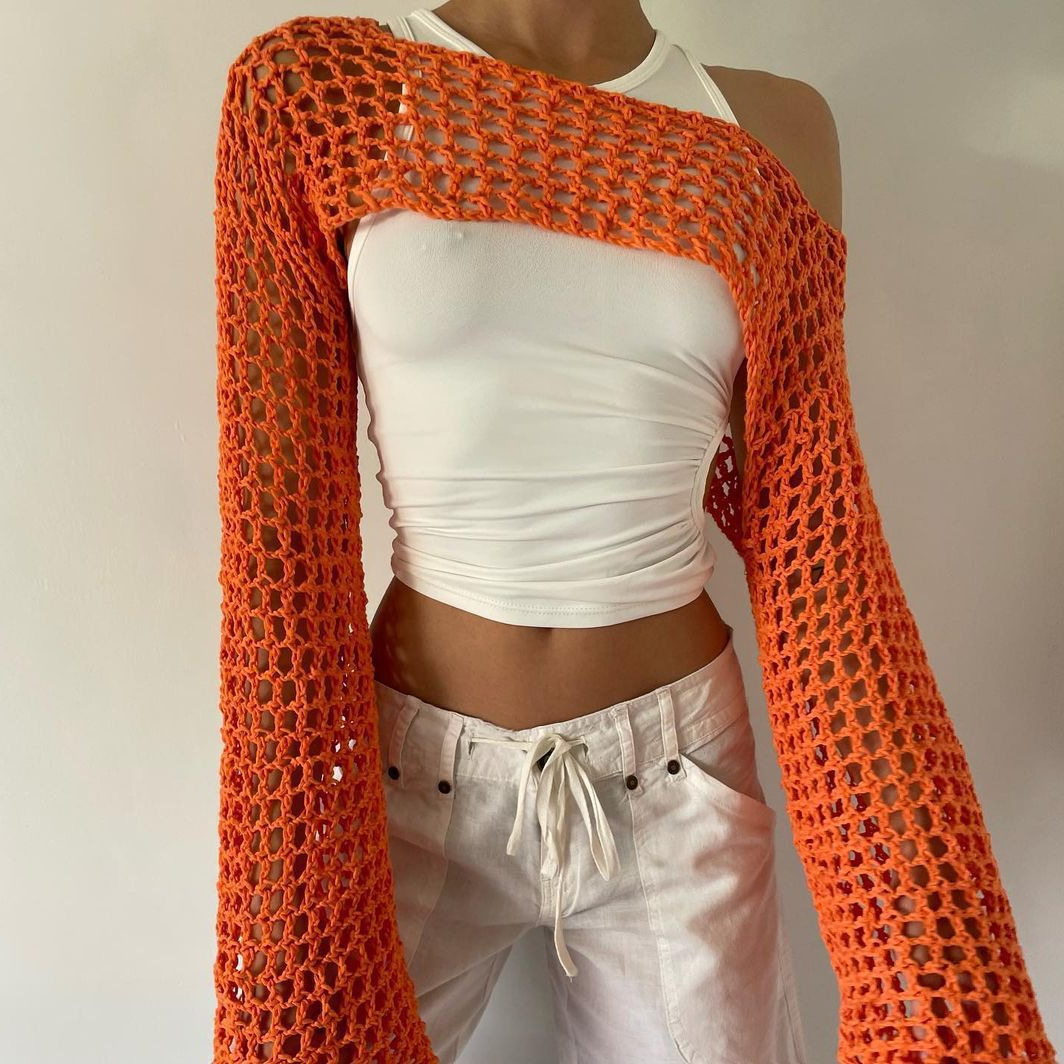 Women's Crochet Mesh Crop Top with Bell Sleeves