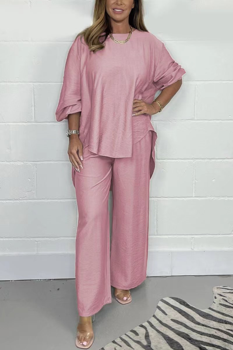 Acetate Satin Wide-Leg Pants Set with Lantern Sleeve Top