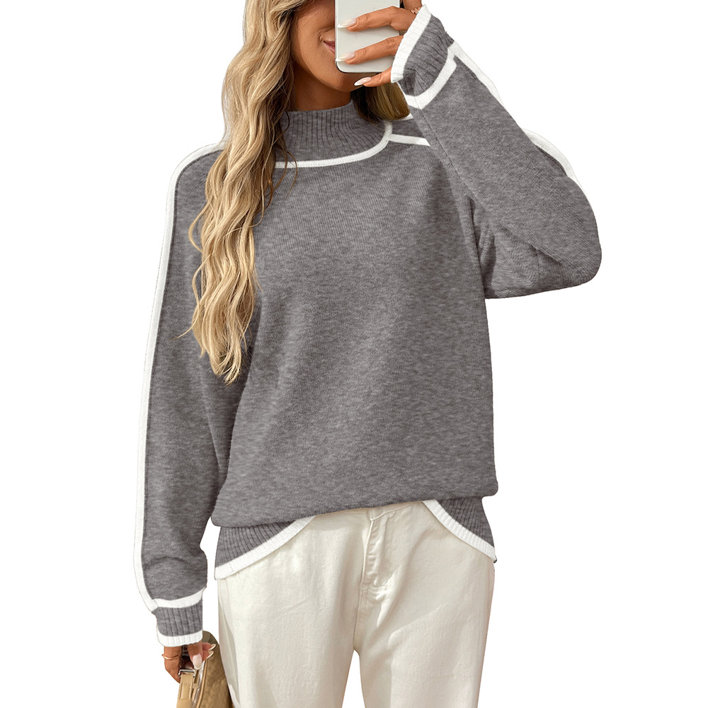 Half-Turtleneck Color-Block Pullover Sweater