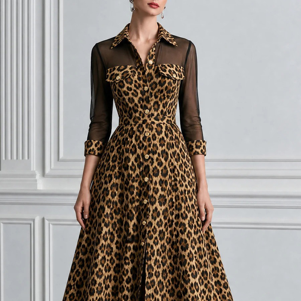 Leopard Print A-Line Long Sleeve Maxi Dress with Collar