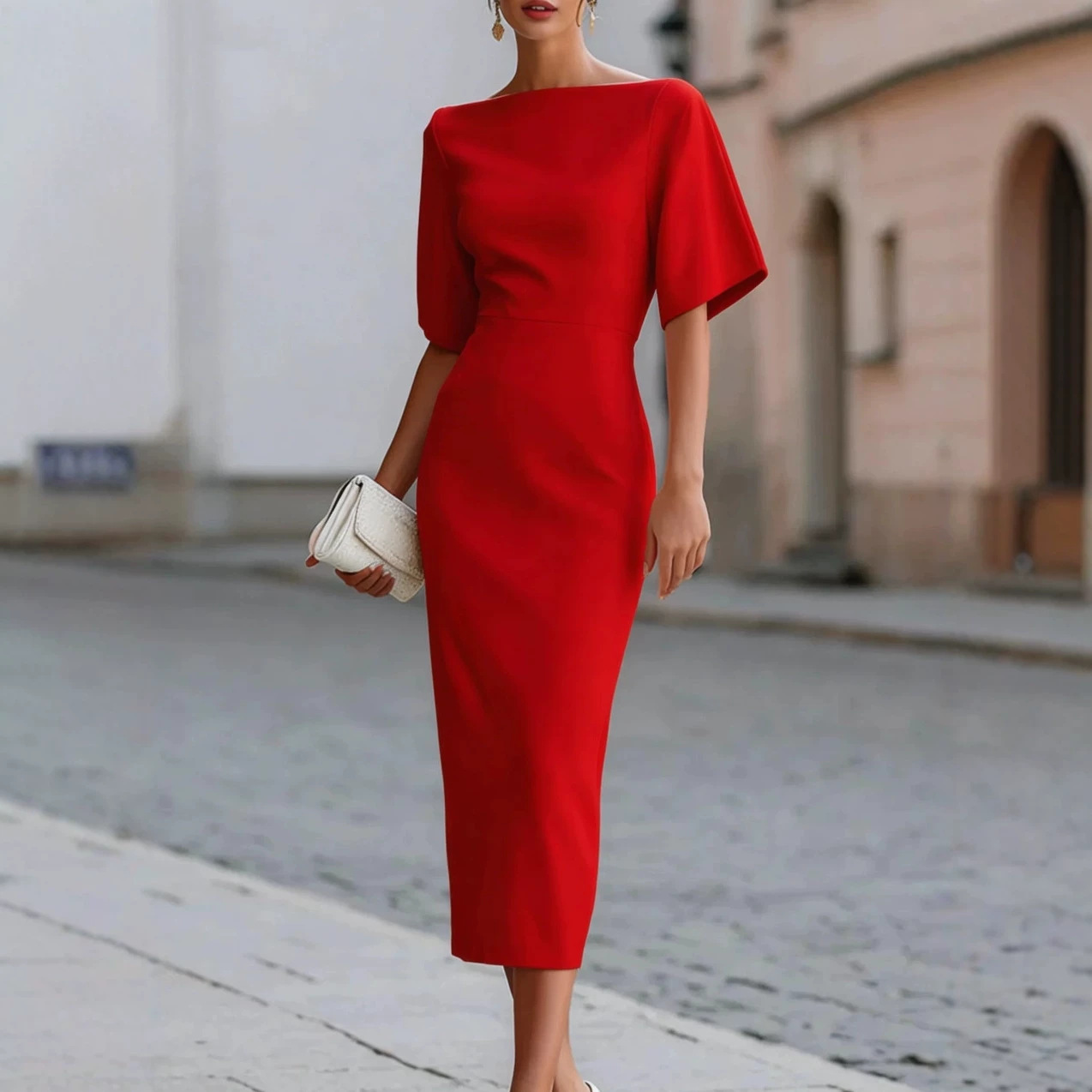 Elegant Waist-Cinching Midi Dress with Belt
