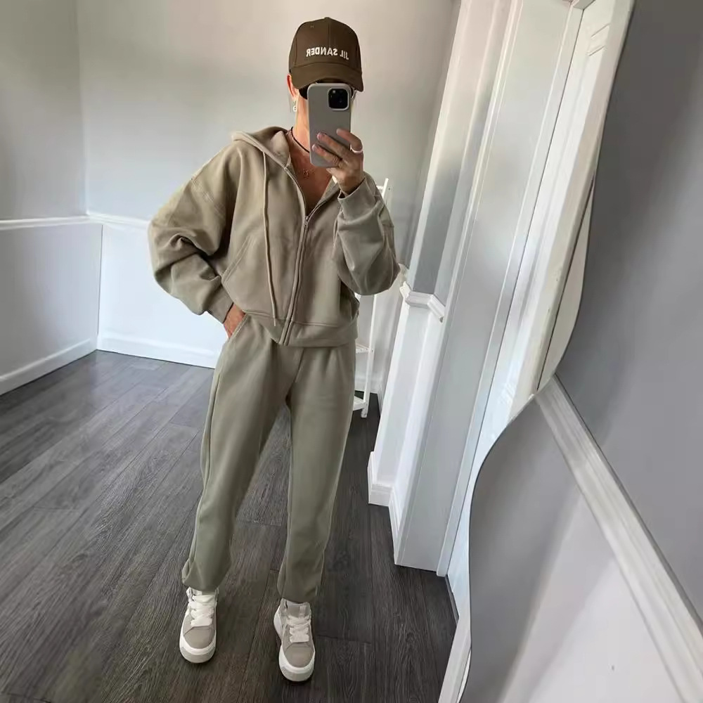 Women's Solid Color Long Sleeve Zip Hoodie and Drawstring Pants Two-Piece Set