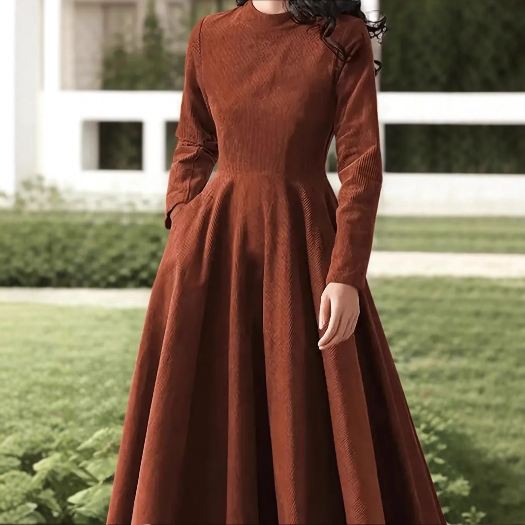 Elegant Corduroy Long Sleeve A-Line Maxi Dress with Zip and High Waist