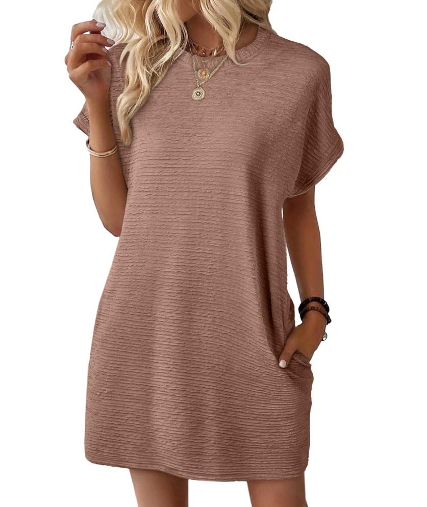 Women's Loose Crewneck Pocket Solid Short Sleeve Dress