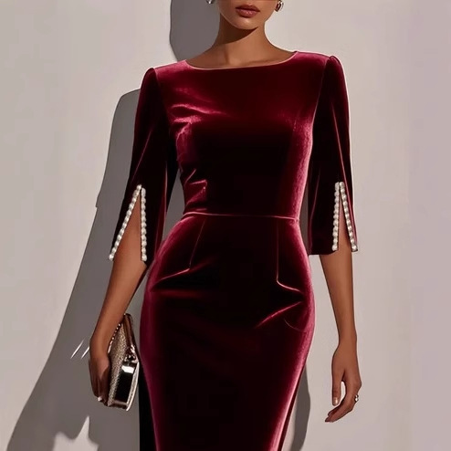 Solid Beaded Slim-Fit Midi Dress with Waist-Cinching