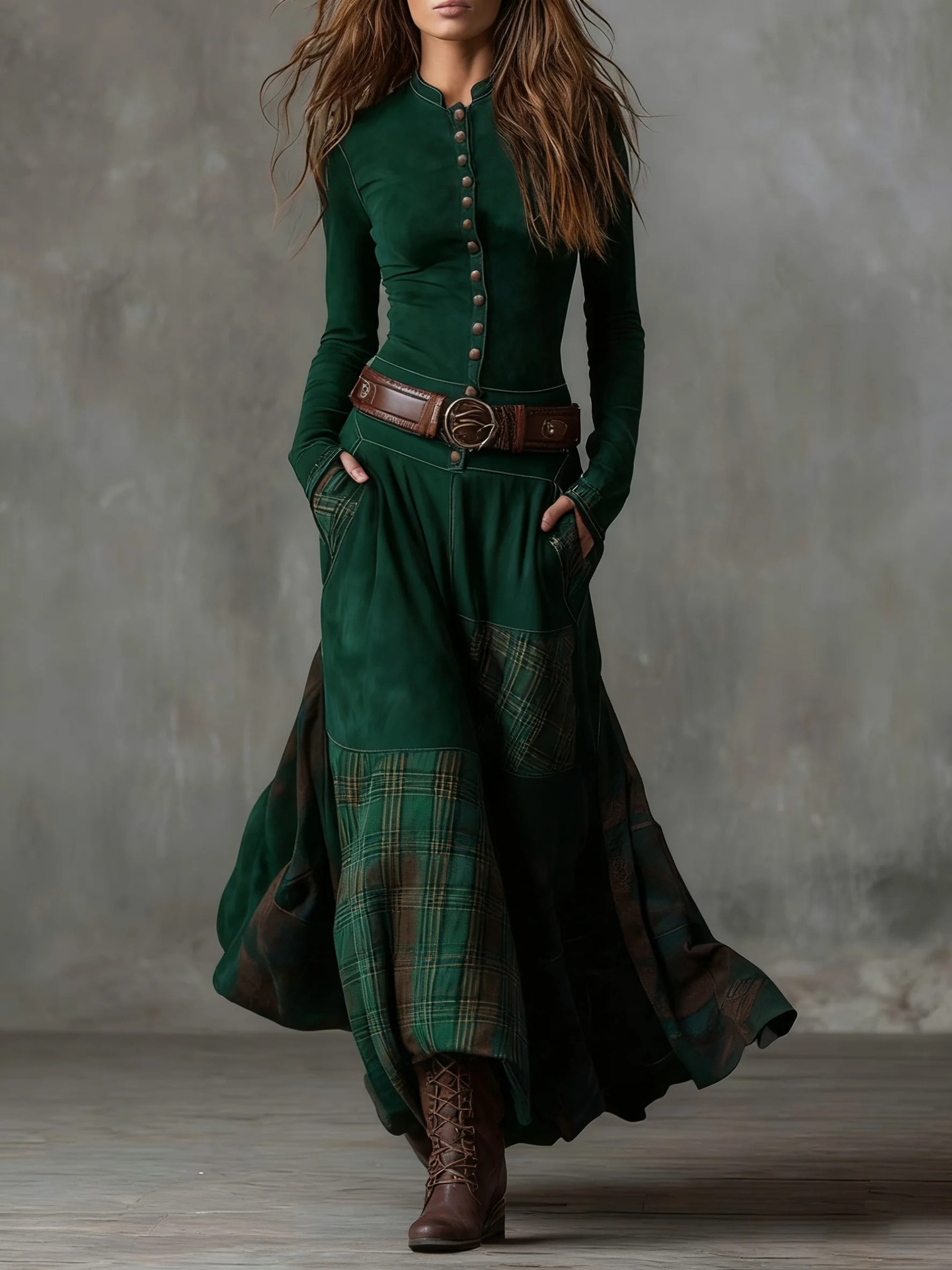 Retro Patchwork Wide-Leg High-Waist Long Sleeve Maxi Dress