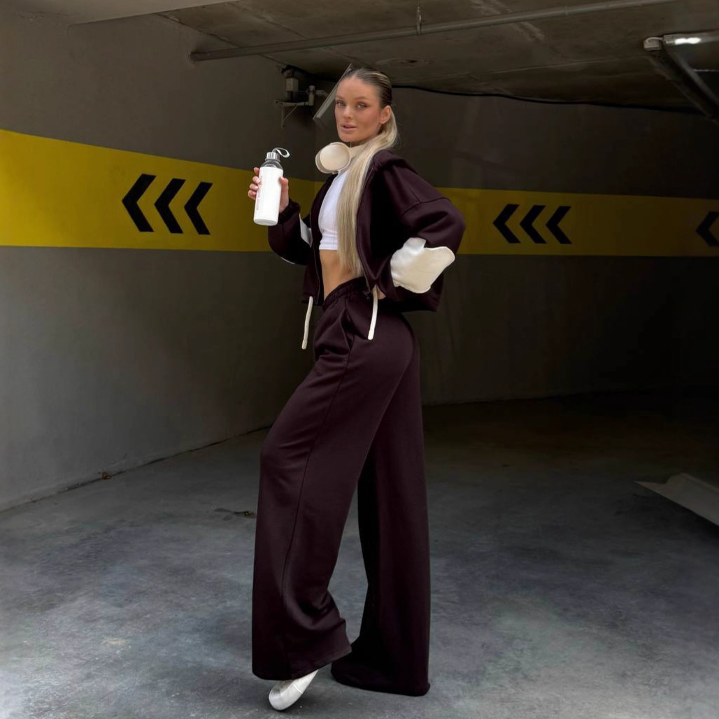 Women's Solid Color Zip-Up Hoodie and Drawstring Jogger Two-Piece Set