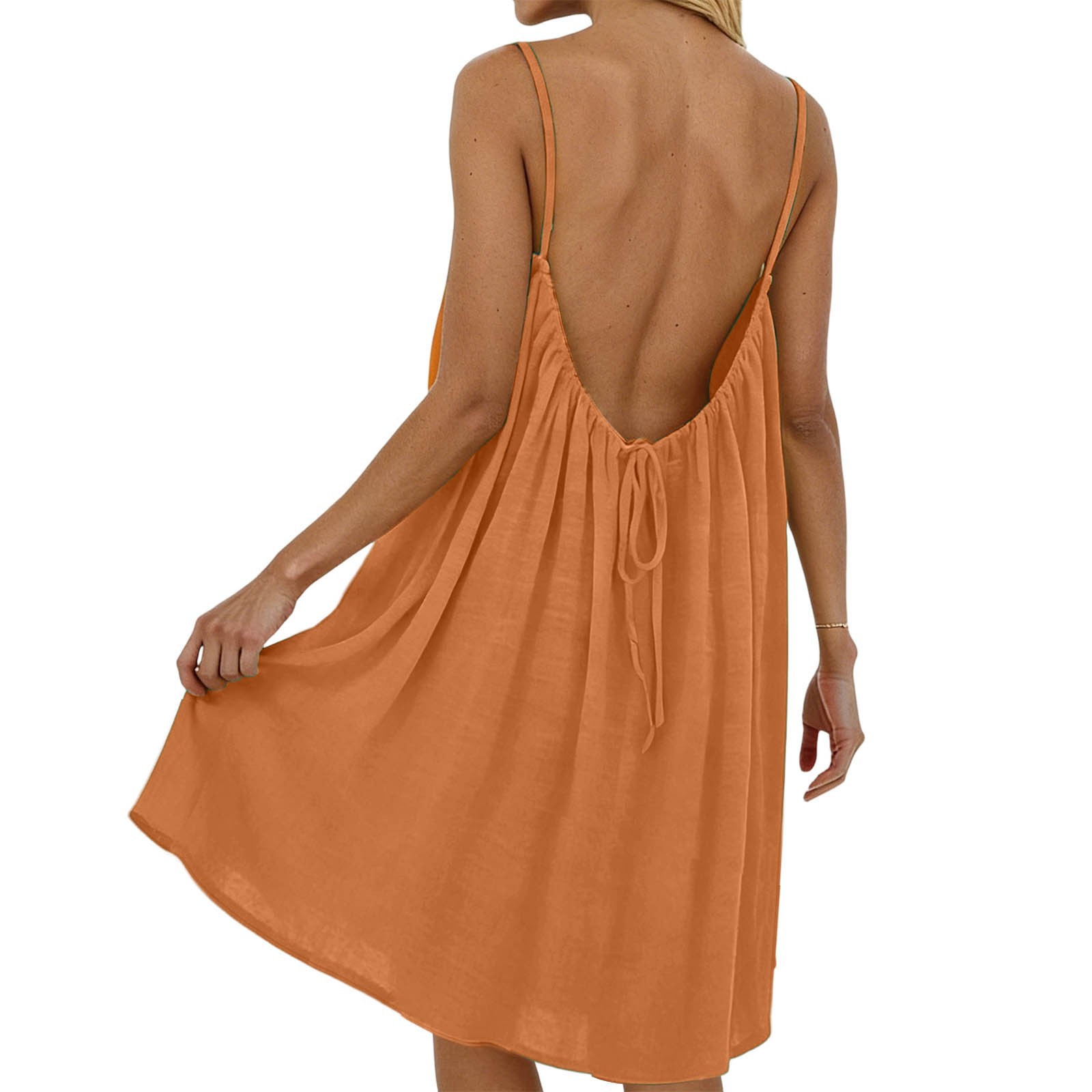 Women's Ice Silk Ruched Open-Back Cami Dress Solid Color Beach Vacation