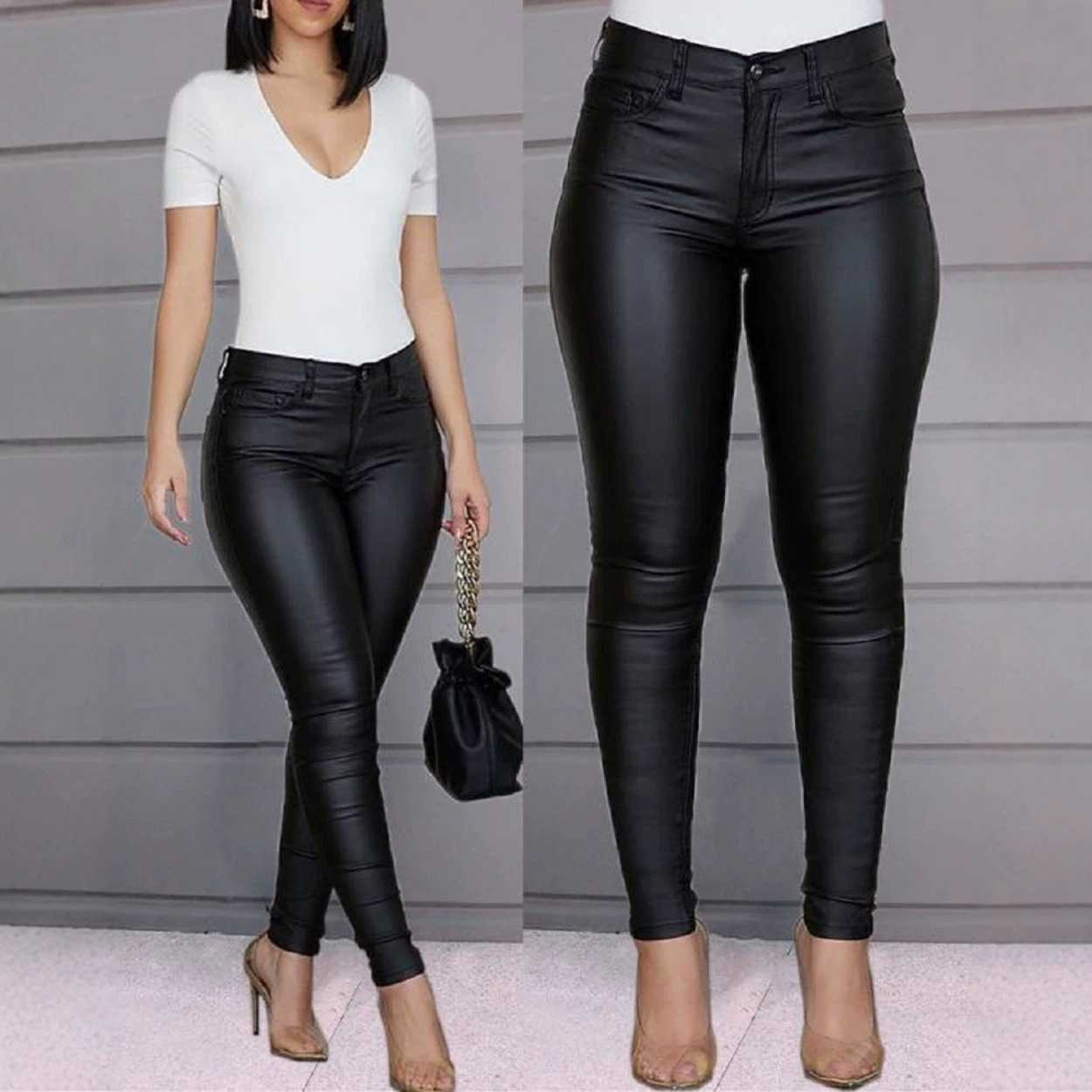 Women's Solid PU Leather Skinny Pants Stretchy High-Waist Leggings