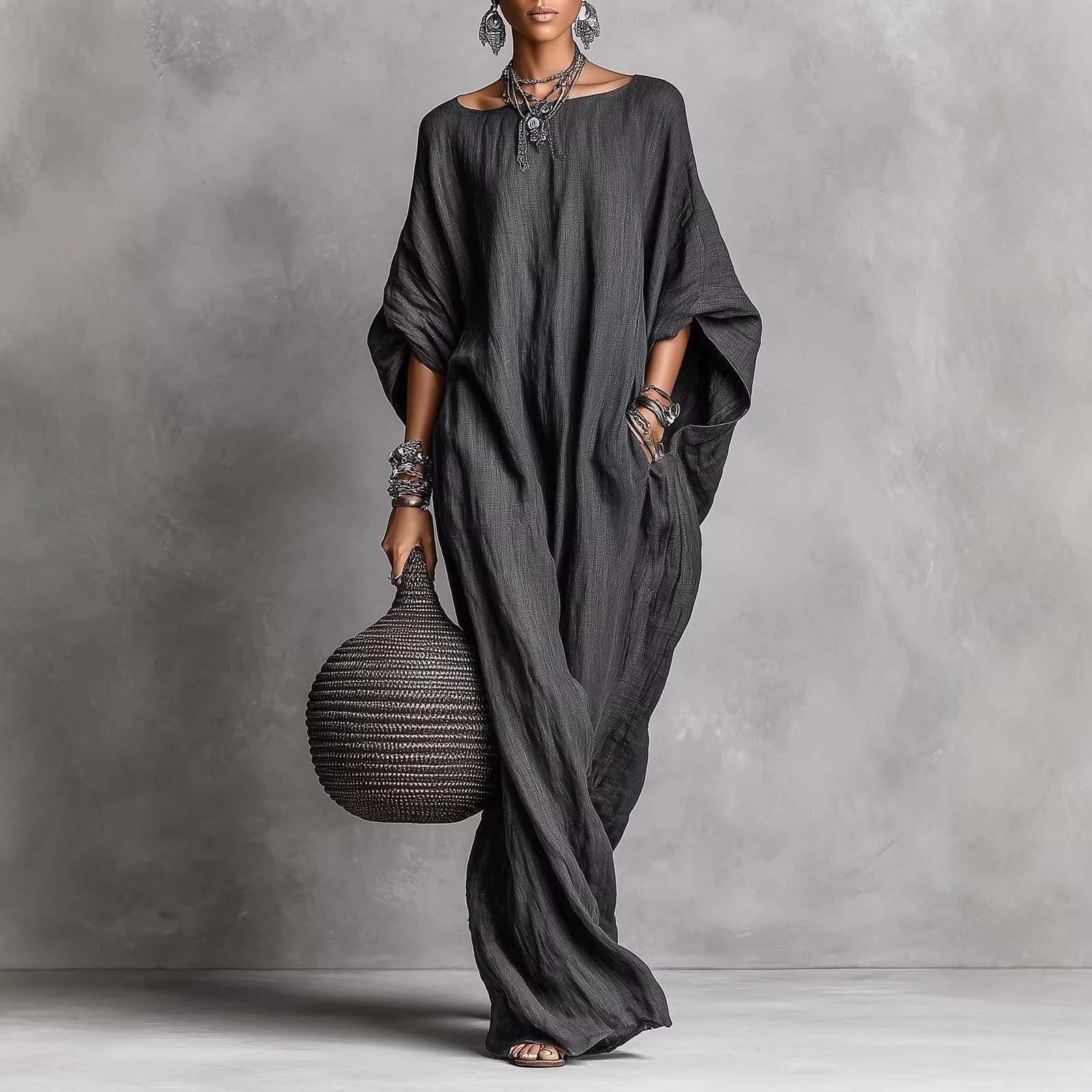 Women's Off-Shoulder Long Sleeve Solid Color Long Casual Dress