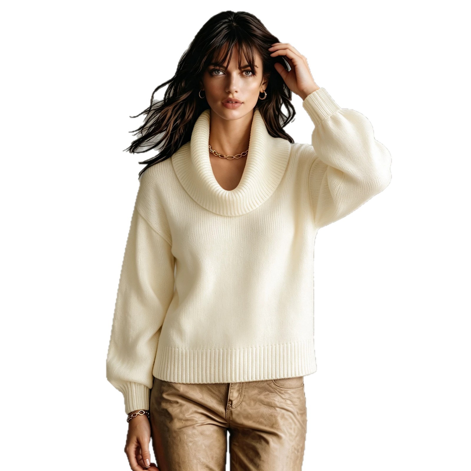 Women's High Neck Ribbed Knit Sweater Solid Color Long Sleeve