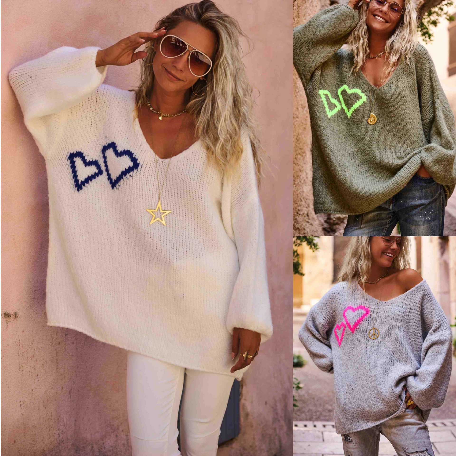Women's Loose Heart Jacquard Off-Shoulder Knit Sweater Long Sleeve
