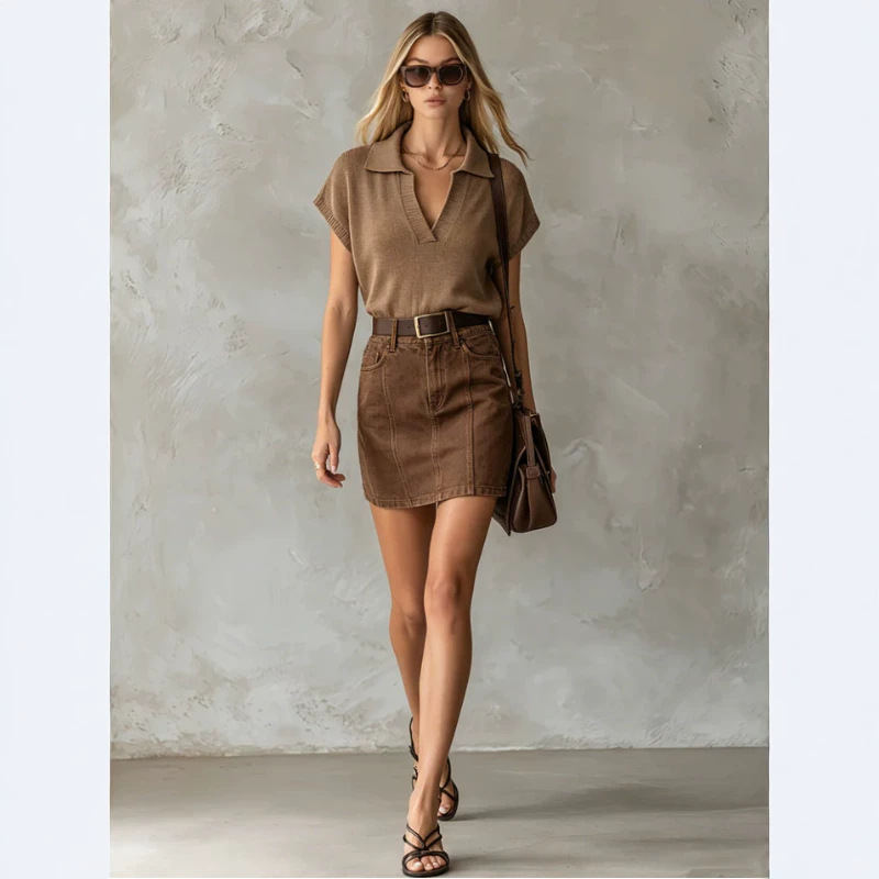 Retro Brown Knit Short-Sleeve T-Shirt and Denim Skirt Set