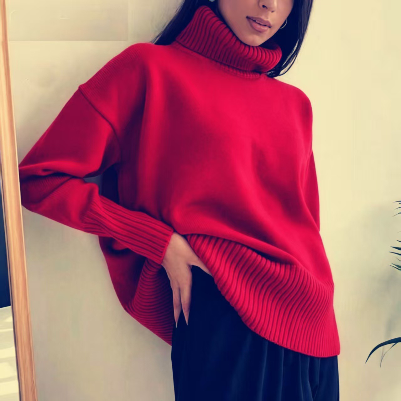 Soft High Turtleneck Solid Pullover Sweater