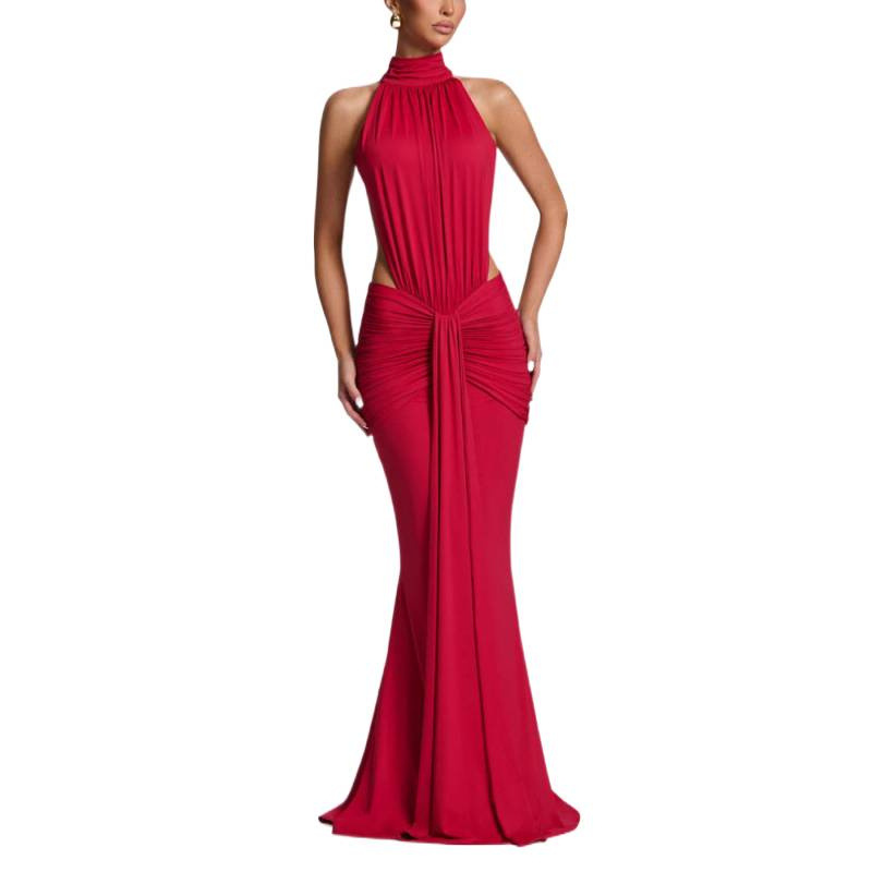 Women's Halter Ruched Bodycon Long Dress High Neck Open Back Evening Gown