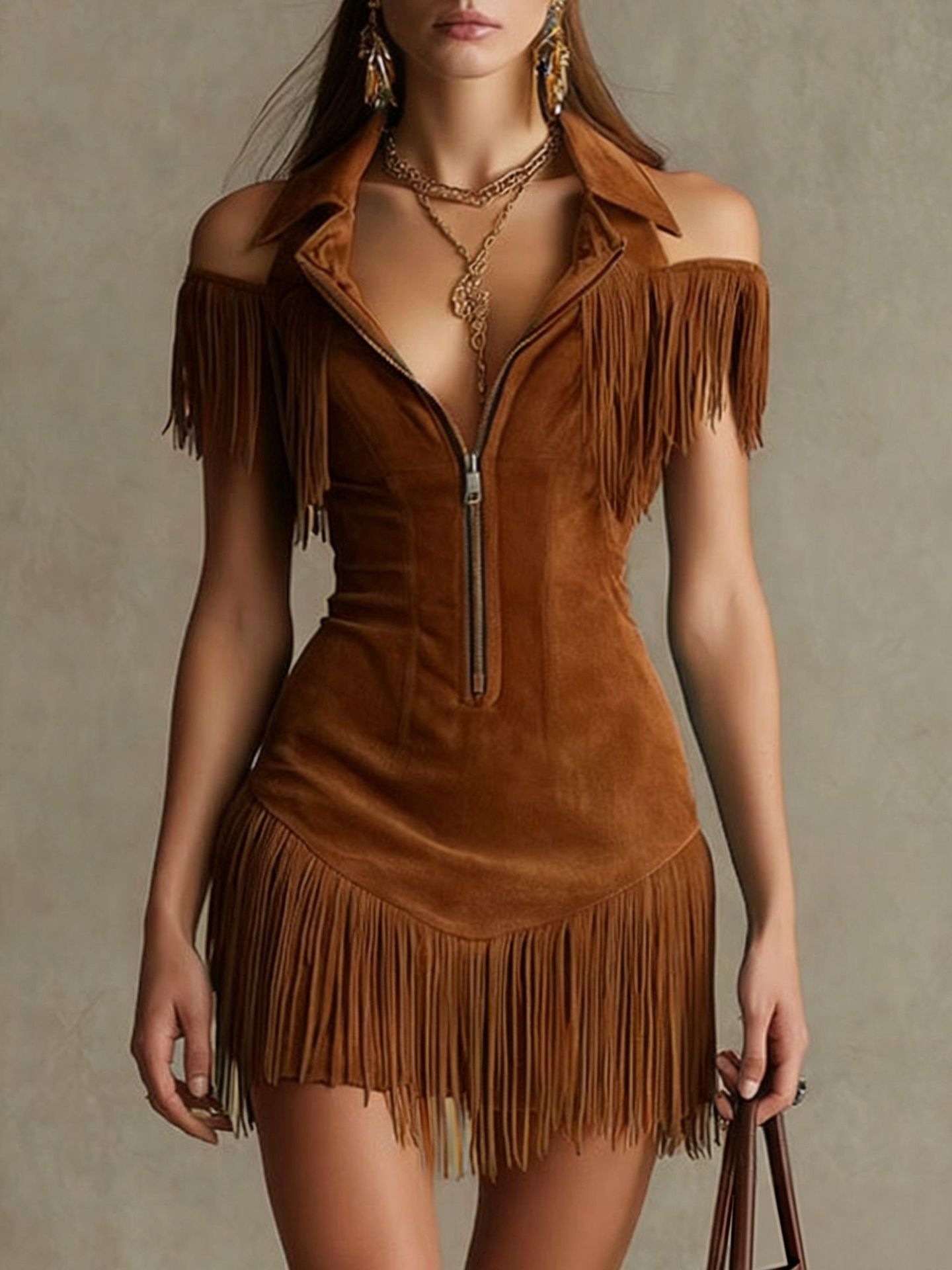 Y2K Faux Suede Fringe Off-Shoulder Western Bodycon Mini Dress