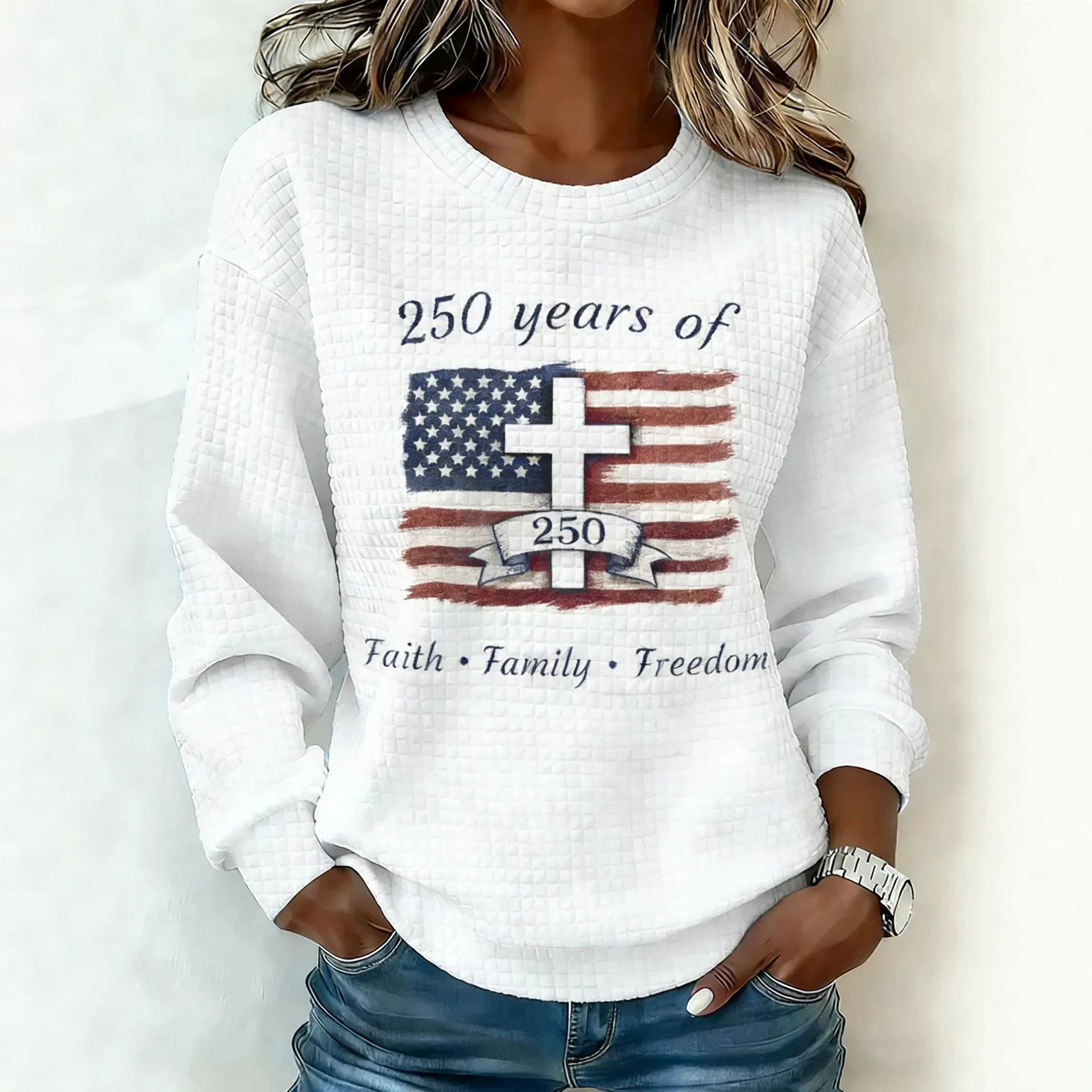 Cross Print Waffle Knit Women's Sweatshirt