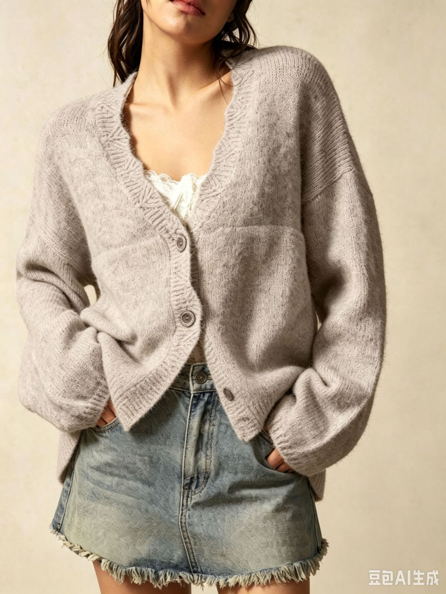 Women's Loose Knit Button-Front Cardigan with Pockets Long Sleeve Crew Neck