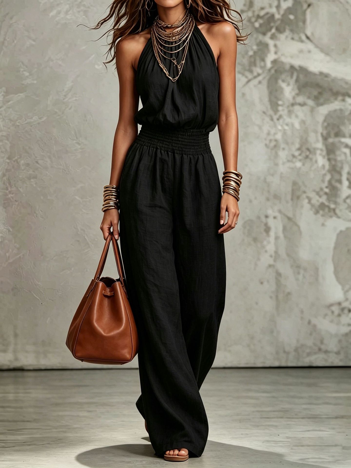 Women's Sleeveless Open-Back Tie-Waist Wide-Leg Jumpsuit