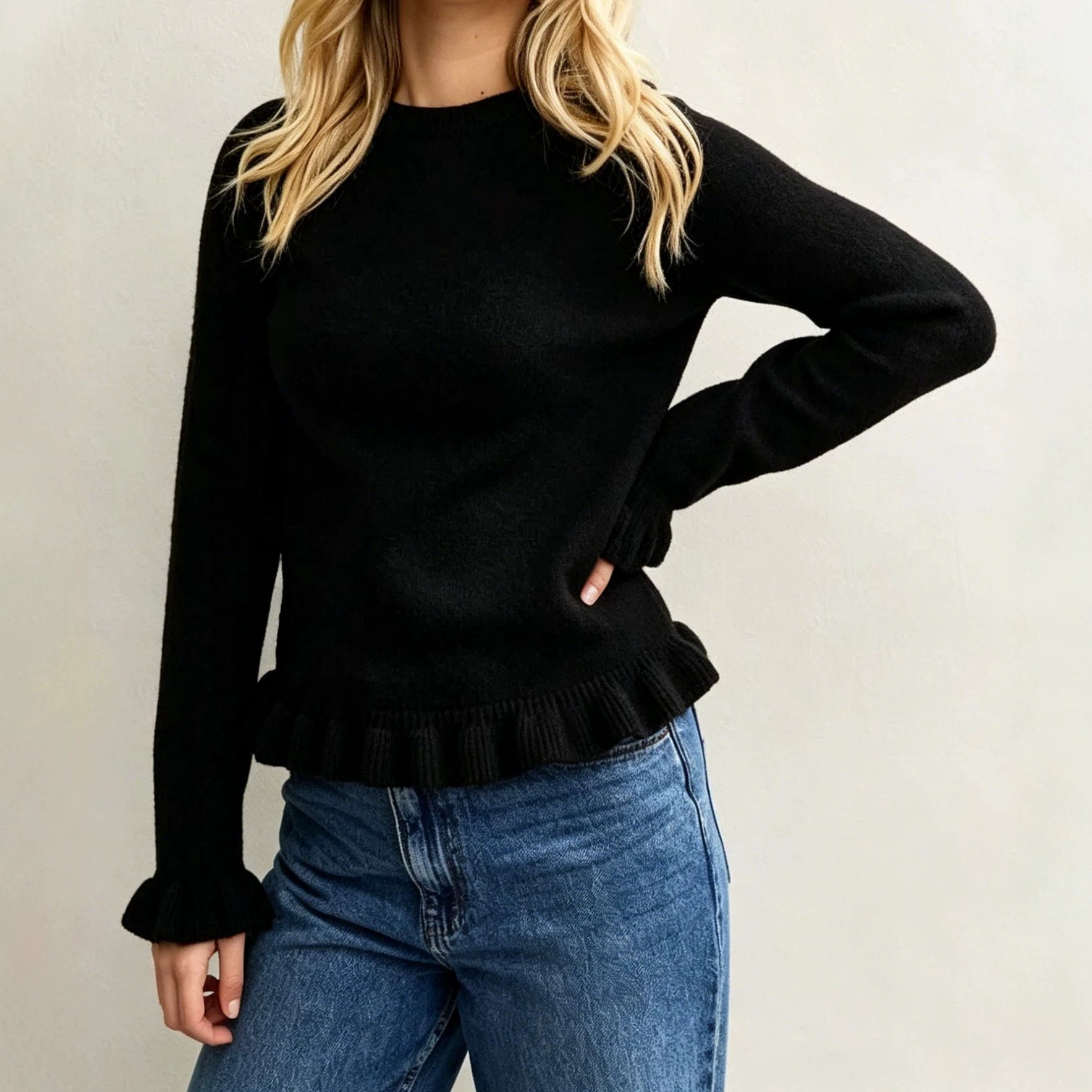 Women's Solid Crewneck Long Sleeve Pullover Knit Sweater with Ruffle Trim