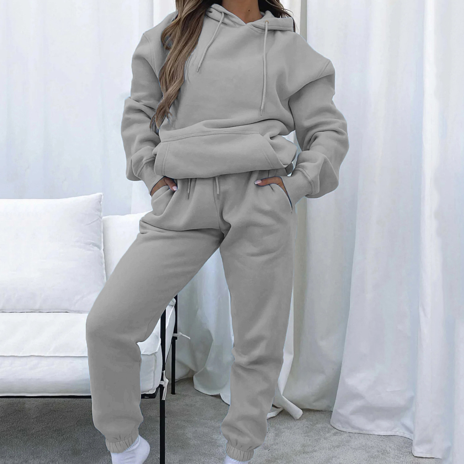 Women's Solid Hooded Long Sleeve Sweatshirt and Pants Set with Pockets