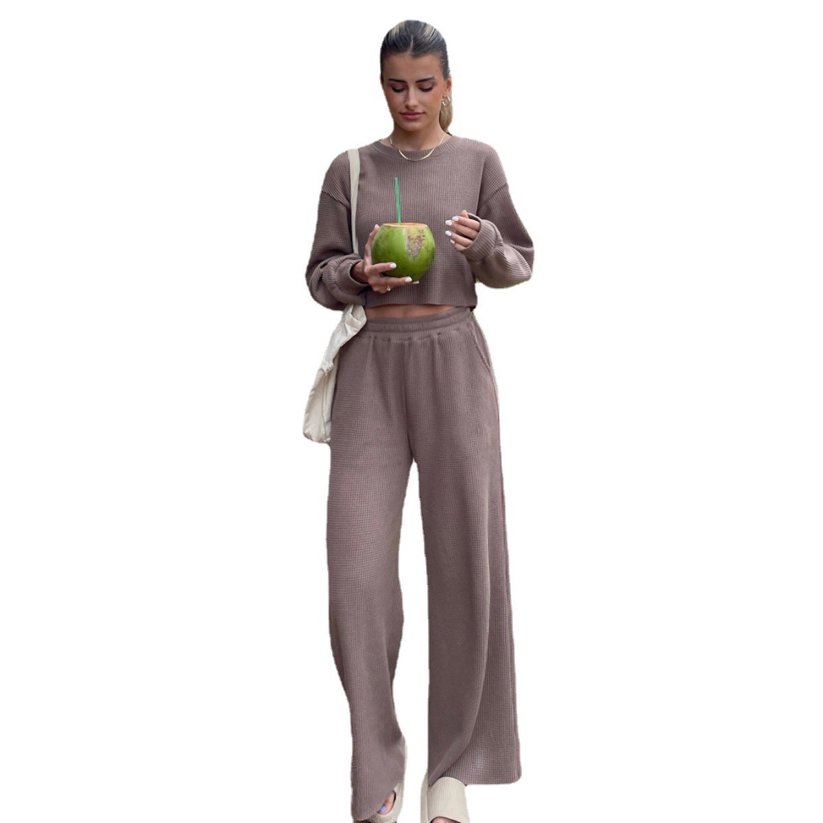 Women's Casual Waffle Knit Two-Piece Sweatsuit Set Long Sleeve