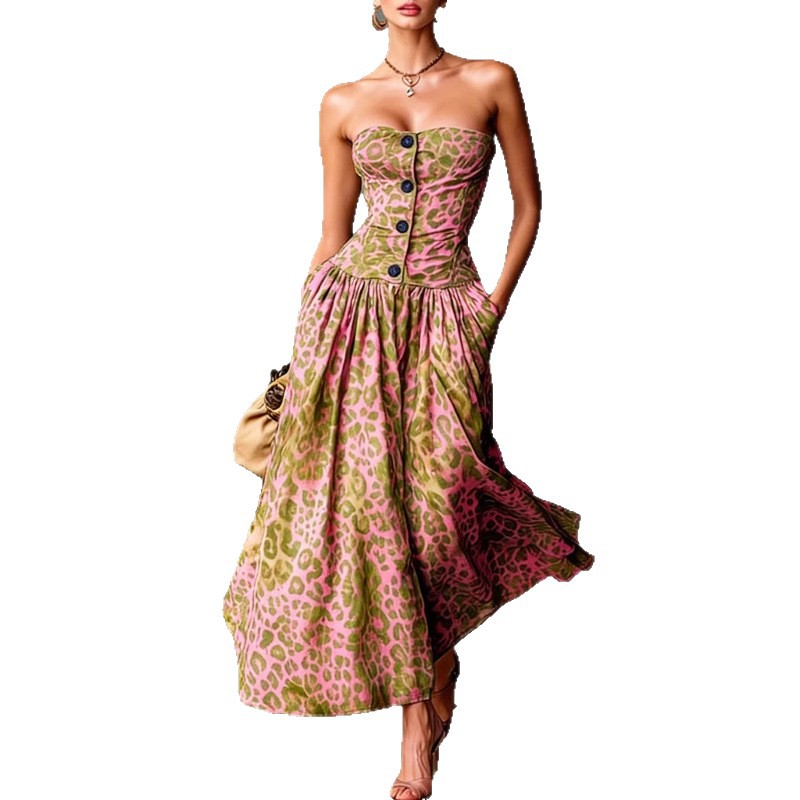Leopard Print Strapless A-Line Midi Dress