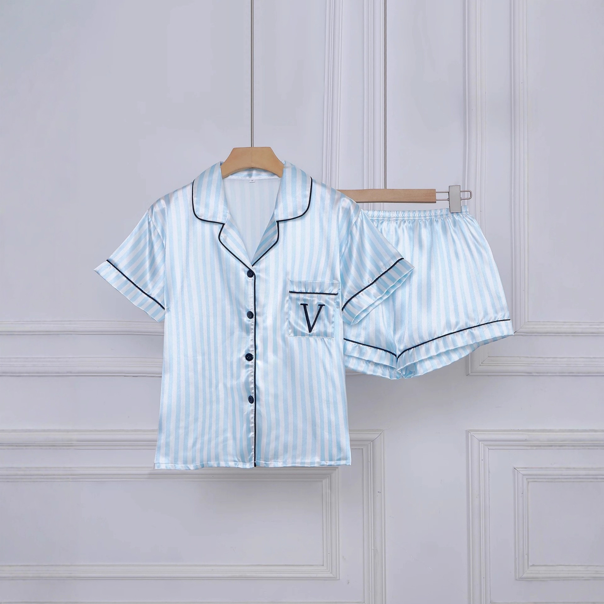 Women's Cuban Collar Striped Letter Short Sleeve Shirt Set