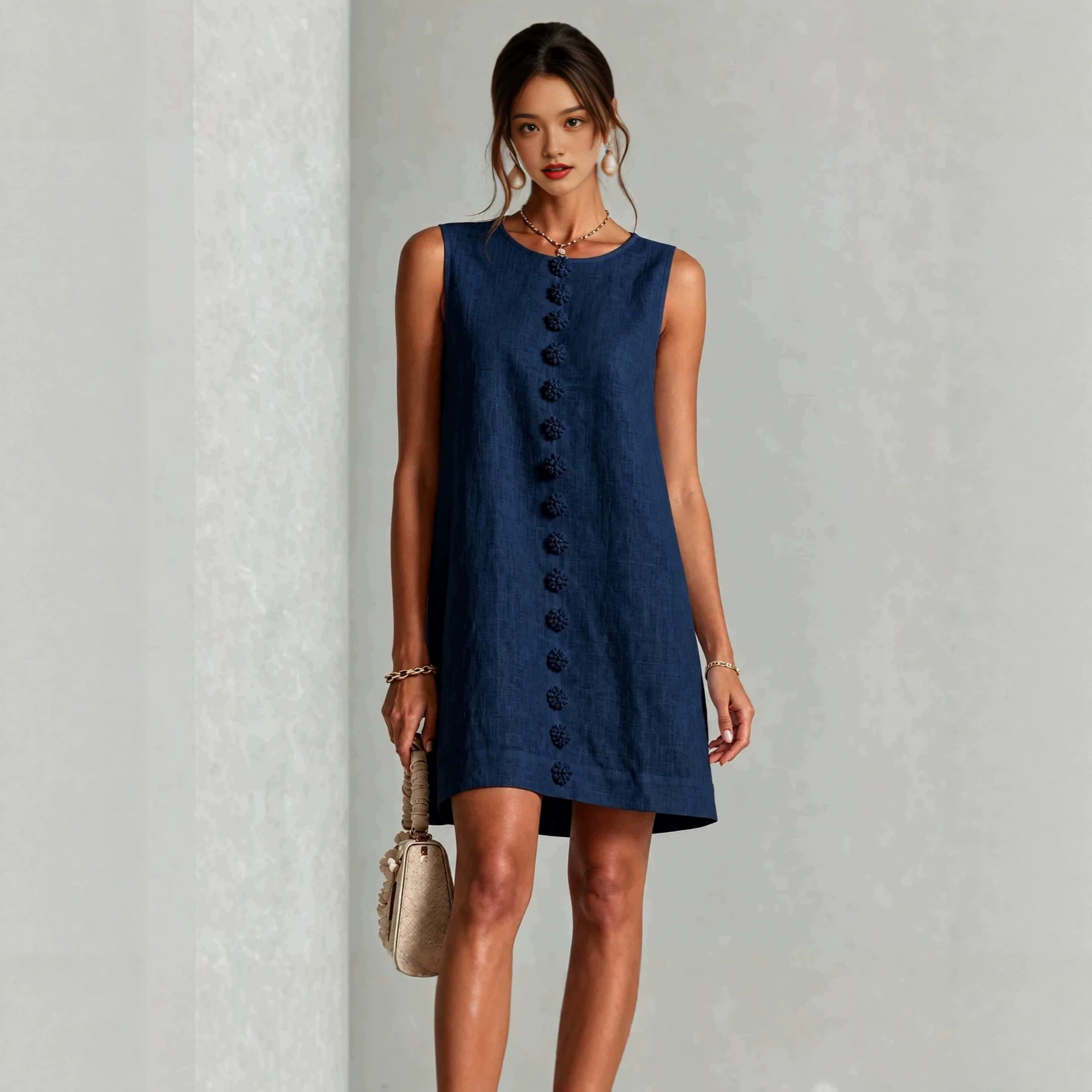 Women's Sleeveless A-Line Mini Dress Solid Crew Neck Casual
