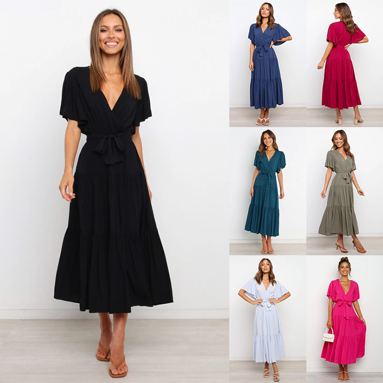 V-Neck Printed Short Sleeve High Waist A-Line Maxi Dress
