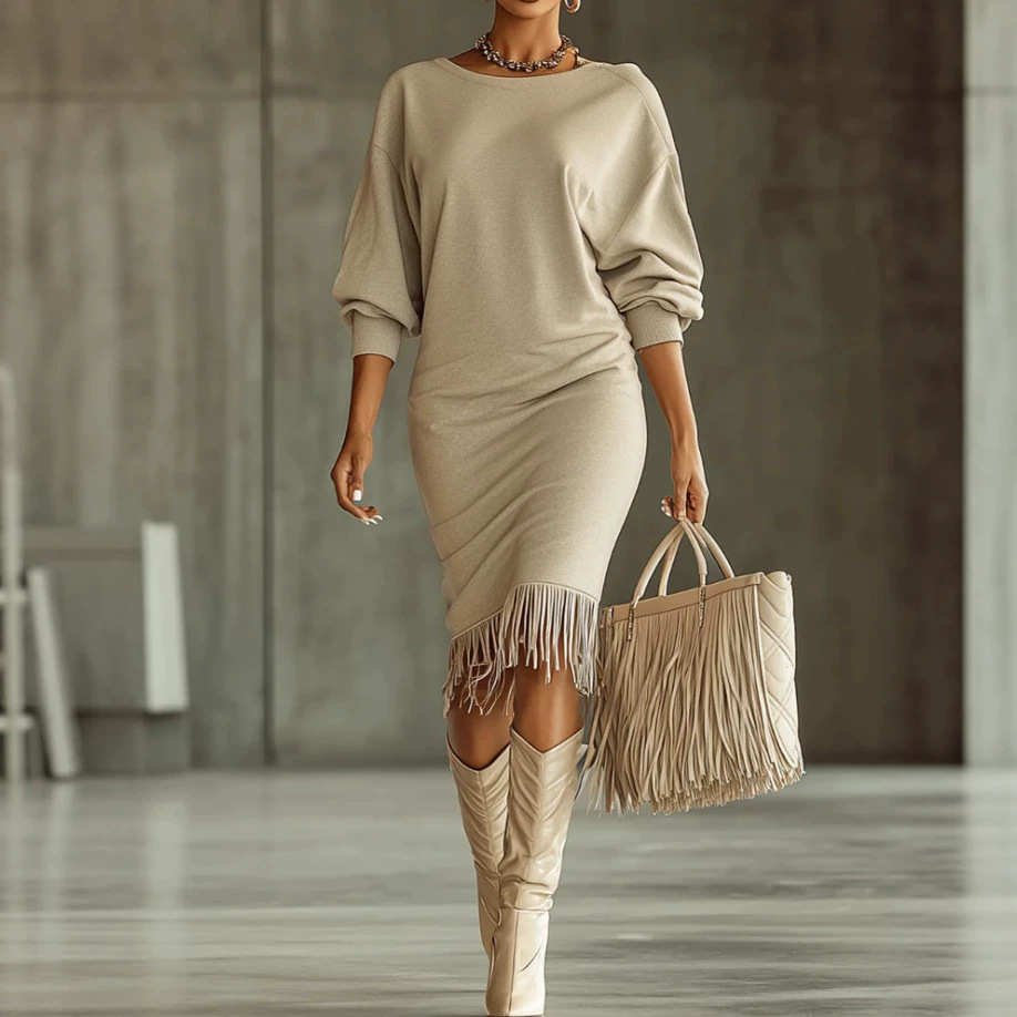 Women's Midi Fringe Dress Crew Neck Long Sleeve A-Line