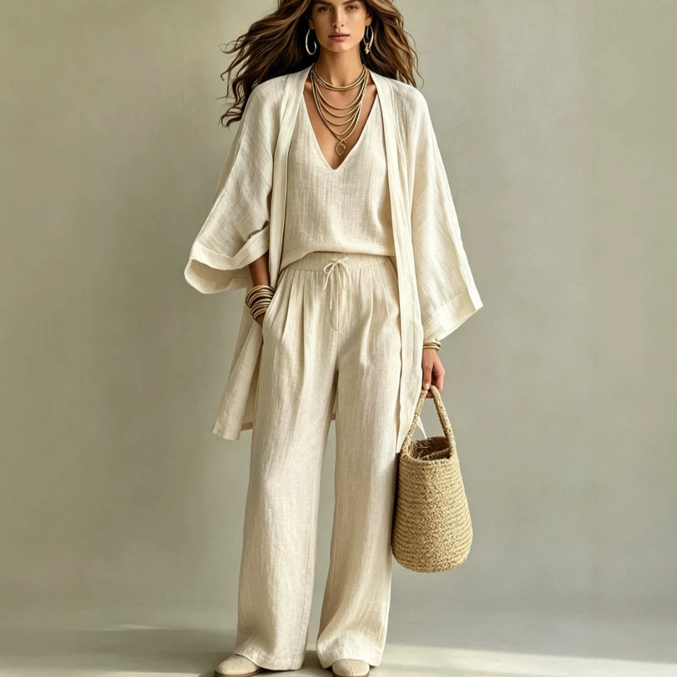Cotton-Linen Shawl Vest & Pants 3-Piece Set