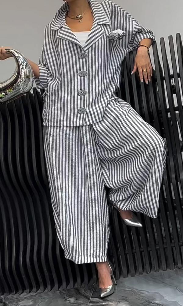 Floral Striped Loose Blazer & Pants Set
