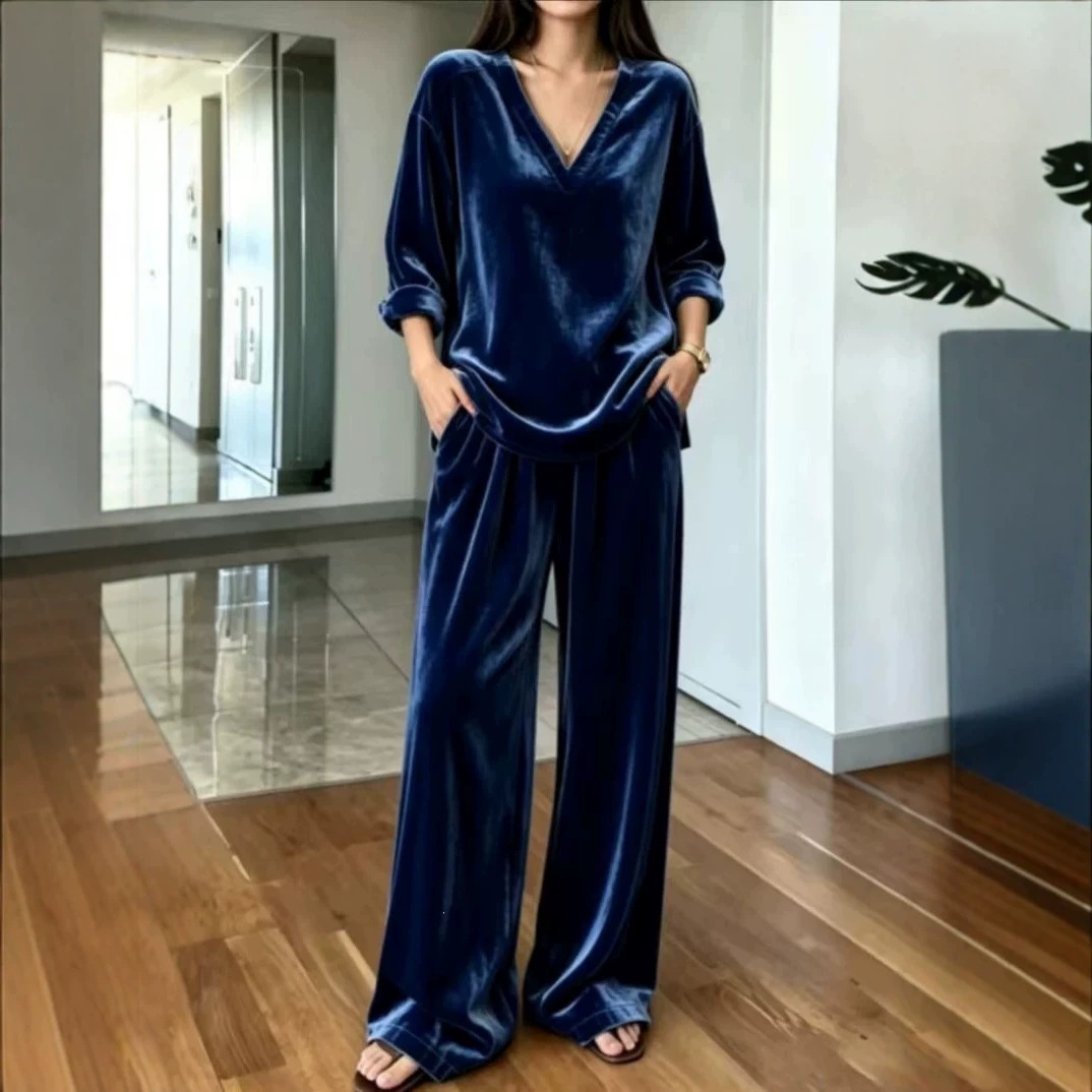 V-Neck Long-Sleeve Velvet Loose Loungewear Two-Piece Set