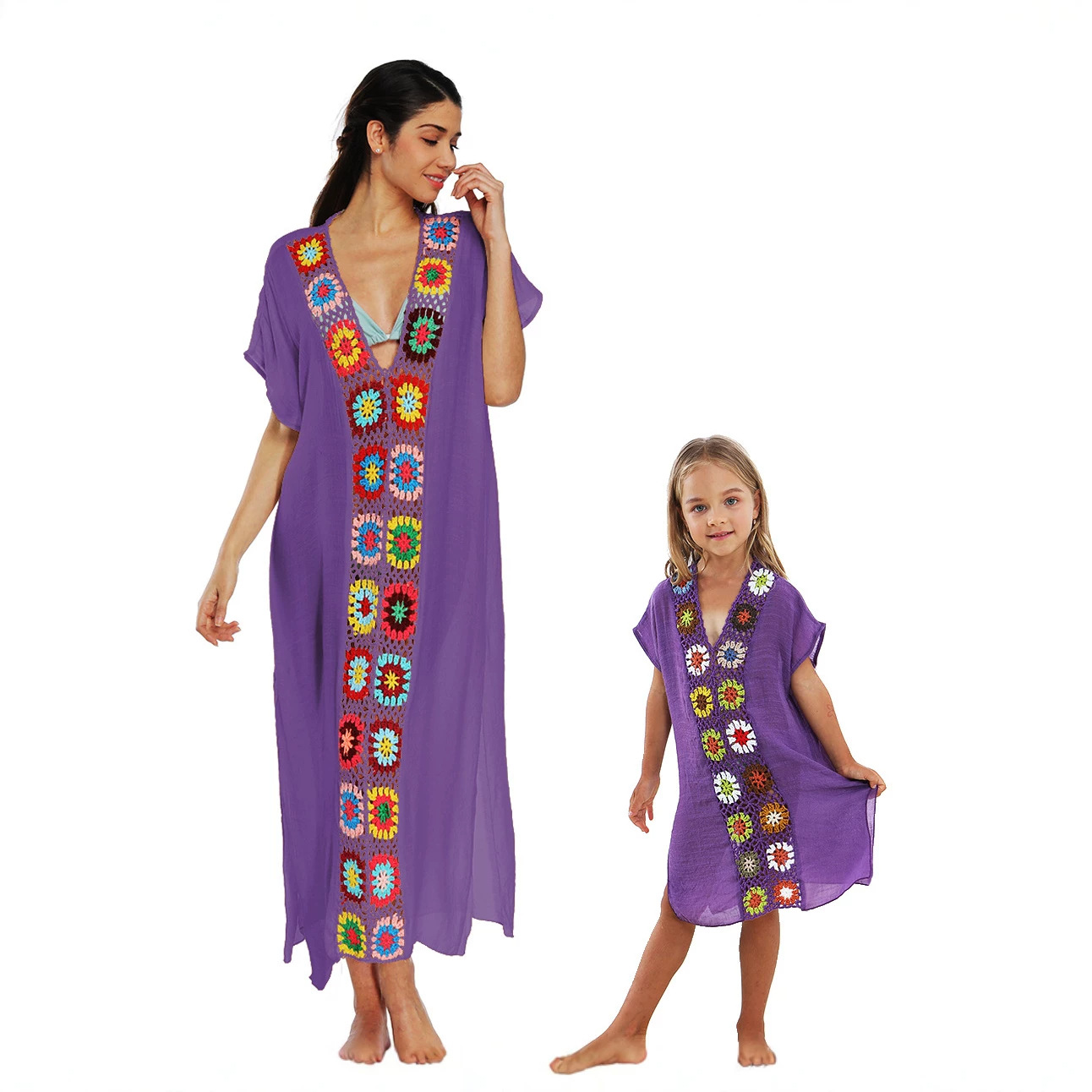 Kids' Crochet Floral Patchwork Long Loose Slit Dress