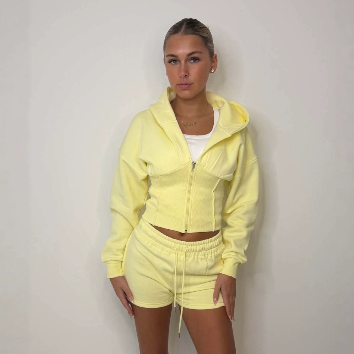Women's Ribbed Colorblock Hooded Cardigan and Straight Shorts Two-Piece Set