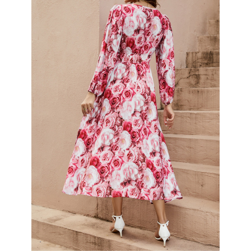 3D Rose Print Deep V Corset Lantern Sleeve Long Dress