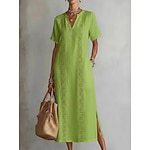 Women's Lace-Trim V-Neck Short-Sleeve Slit Cotton-Linen Midi Dress