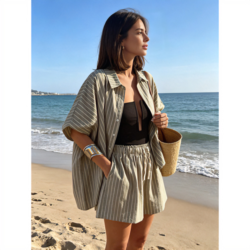 Striped Shirt and Pocket Shorts Set Women's Loose Casual Two-Piece